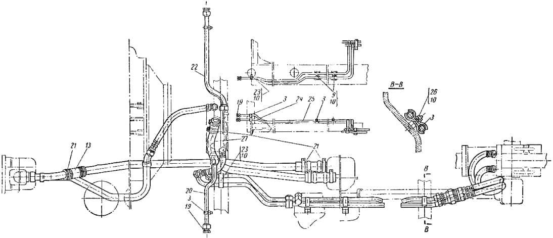 Маслопроводы гидросистемы ДТ-75 (вид сверху)